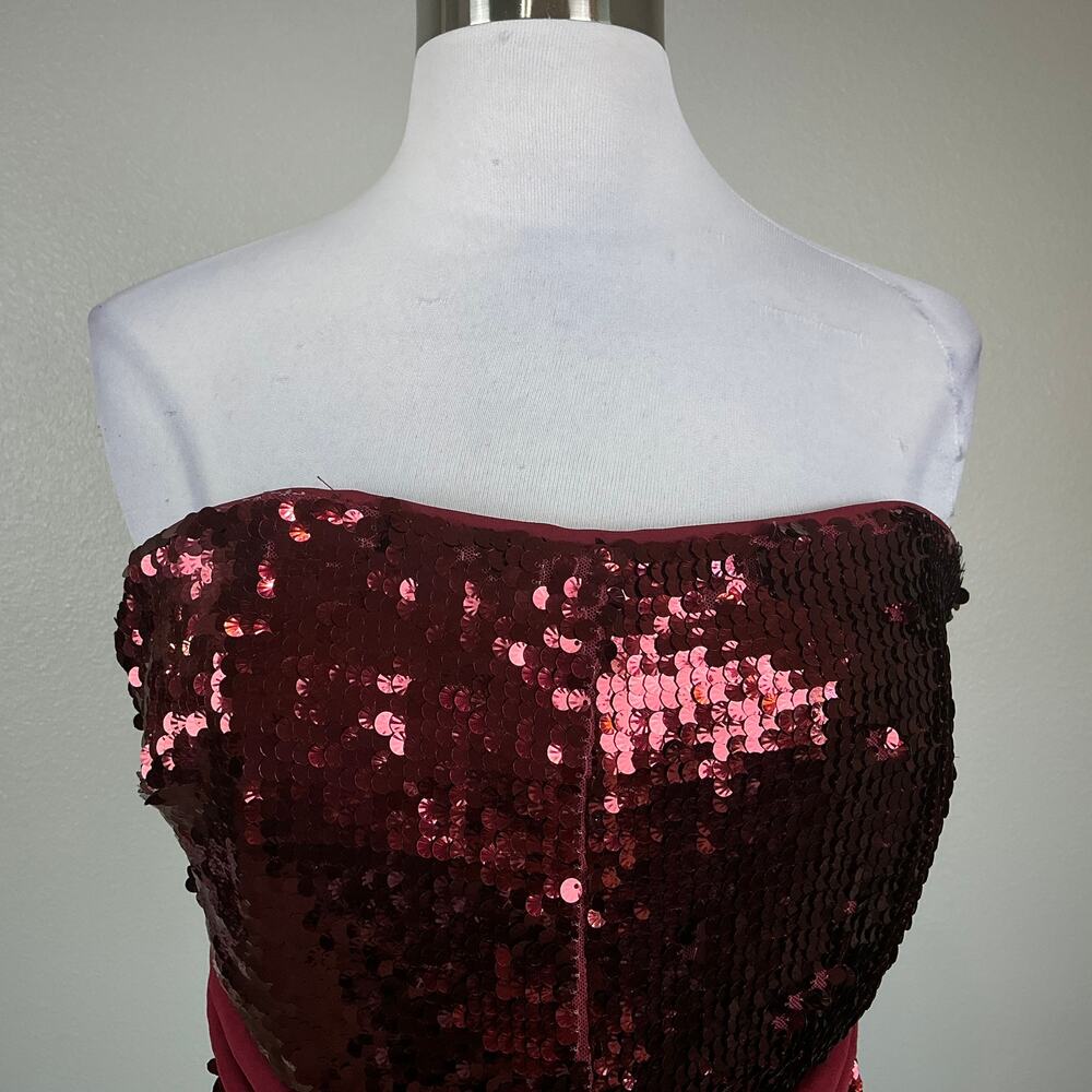 Badgley Mischka Red Cocktail Dress Sequined Strapless Belted Midi Sheath Size 16 - Picture 7 of 10